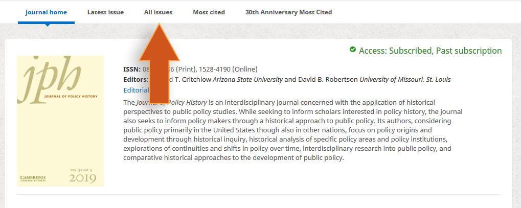 screenshot of journal page with an arrow pointing to the menu option called All issues