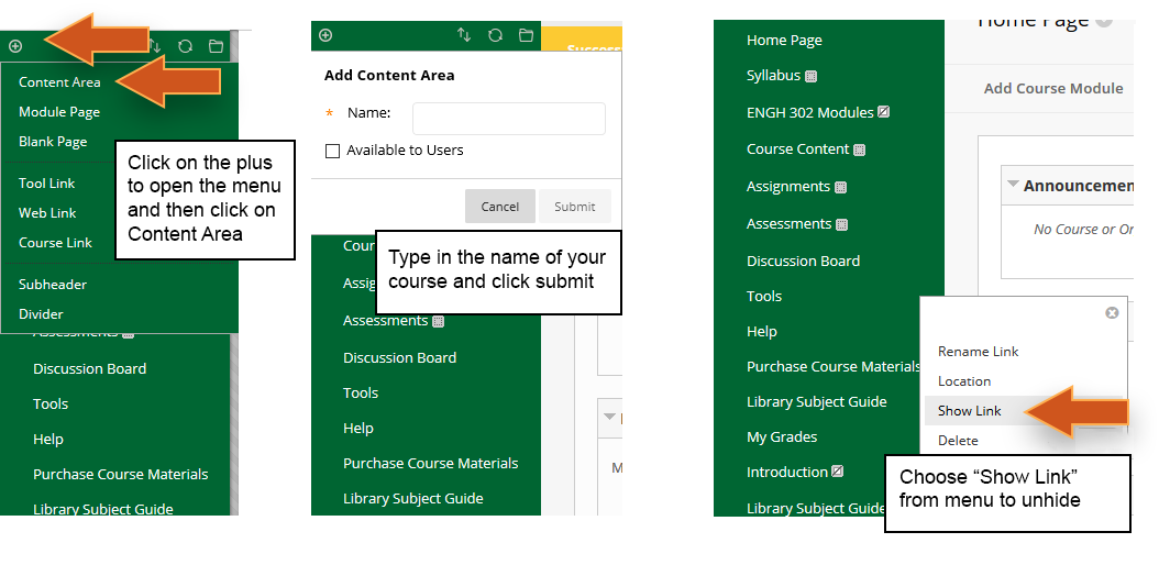 Screenshot of blackboard page showing how to link to toolbar.