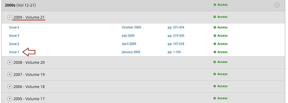 Catalog displaying journal issues